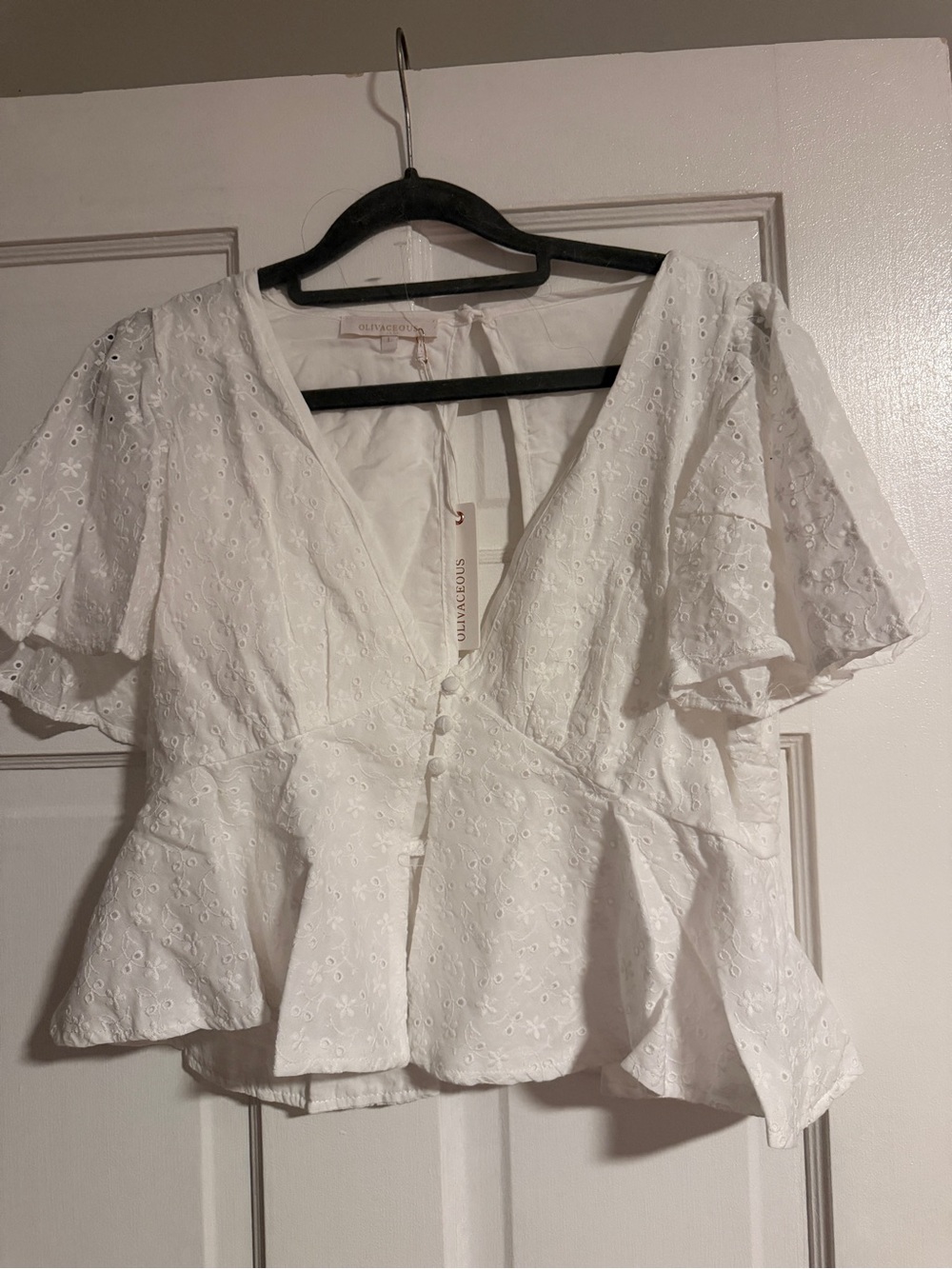 Dakota Eyelet Ruffle Short Sleeve Crop Top: White